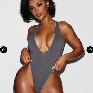 NWT SKIMS deep plunge washed jersey bodysuit ash gray black faded soft cozy S/M